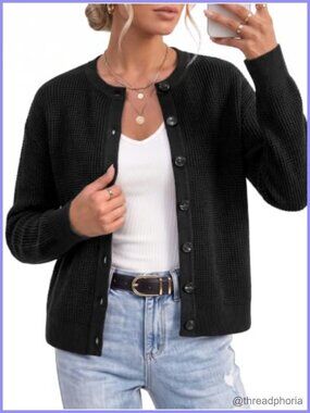 100% Cotton Chunky Knit Cardigan Crew Neck Button Fall Work Sweater